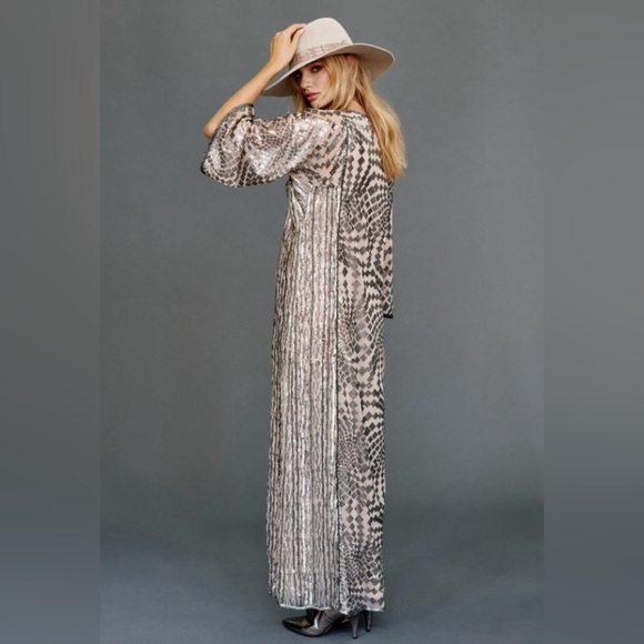 NWT | Free People x Anna Sui Sequin Embroidered Silver Front Slit Maxi Dress XS - Picture 3 of 15